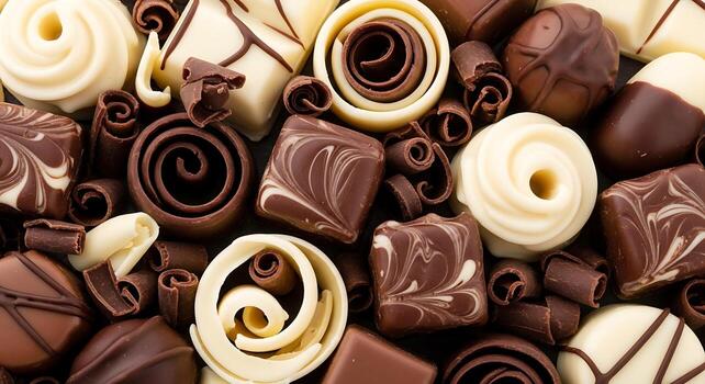 Many different types of chocolates are arranged in a pattern photo