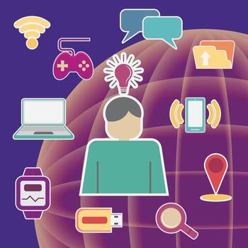 Digital communication technology illustration, communication connection icon set, technology connection vector