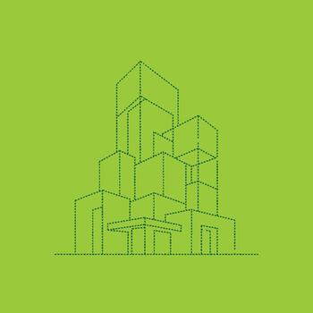 Abstract geometric structure composed of interconnected cubes and rectangular shapes on a vibrant green vector