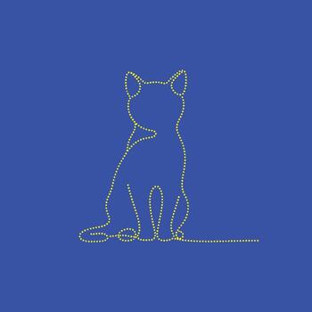 Minimalist outline of a sitting cat created with dotted lines on a solid blue vector