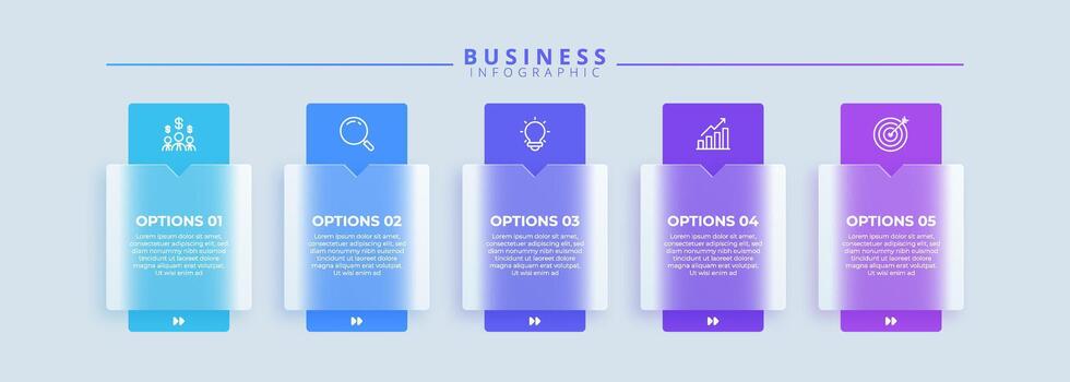 Design template for infographic labels with icons and 5 options or steps. Suitable for process diagrams, workflow layouts, banners, flow charts, and infographics vector