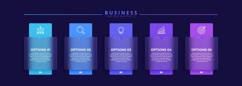 Infographic label design template featuring icons and five distinct steps. Ideal for process charts, presentation slides, workflow schemes, flow diagrams, and data visualizations vector