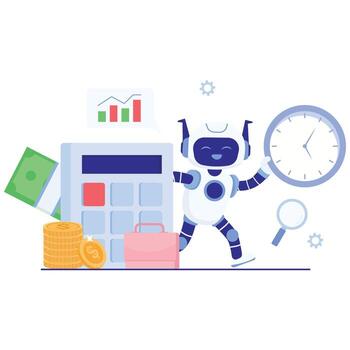 Playful robot stands by a calculator and clock with graphs and cash, illustrating time aware budgeting, forecasting, and expense control. vector