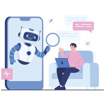 Cute healthcare robot appears from a smartphone to consult a patient at home, demonstrating remote care, chat support, and digital monitoring. vector
