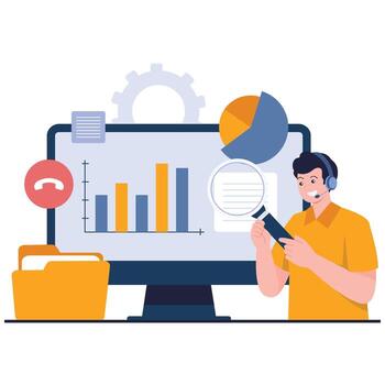 A customer service agent reviews charts and KPIs on a large monitor to improve performance and quality. vector