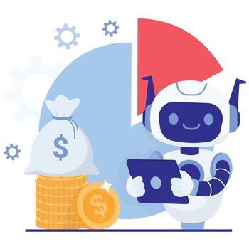sonriente robot usos un tableta junto a apilado monedas y un dinero bolso en contra un tarta cuadro, representando presupuesto, ahorros, y lucro estrategia. vector