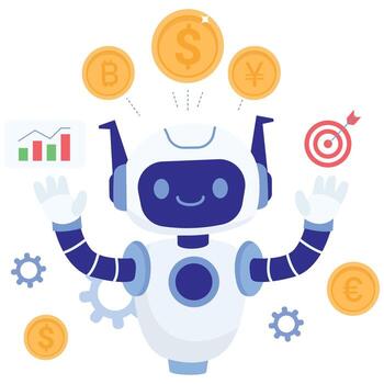 Happy robot surrounded by dollar, euro, yen, and bitcoin icons with charts, showcasing global trading, forex, and crypto analytics. vector