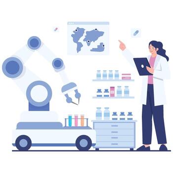 avanzado robótico brazo transferencias prueba tubos mientras un científico supervisa con un tableta, exhibiendo automatizado análisis y eficiente pharma flujos de trabajo. vector