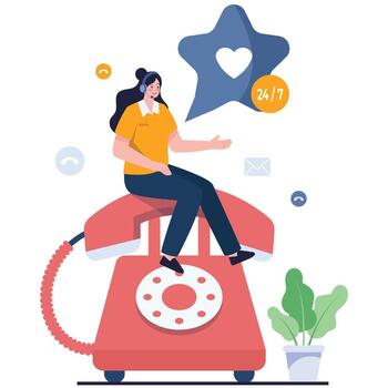A friendly operator with a headset sits on a retro telephone, symbolizing a nonstop hotline and caring support. vector