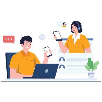 A happy customer contacts a support agent via smartphone and chat at a desk, showing seamless remote and omnichannel help. vector