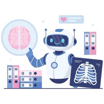 Smiling medical robot reviews brain anatomy and a rib x ray among office files, highlighting data driven diagnostics and smart care. vector