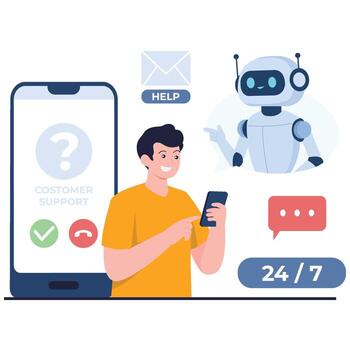 A user gets instant help from an AI chatbot on a smartphone, highlighting always on automated customer service. vector