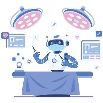 Masked AI surgeon prepares instruments under operating lights with robotic support, showcasing precision surgery and advanced operating technology. vector