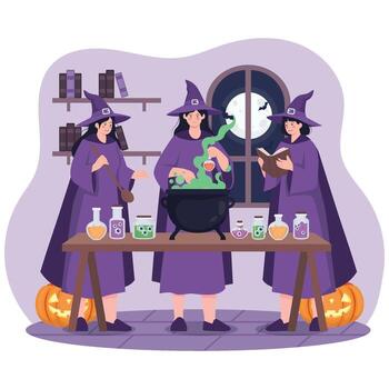 Three witches mix a glowing potion with bottles and spell book around a cauldron inside a moonlit room. vector