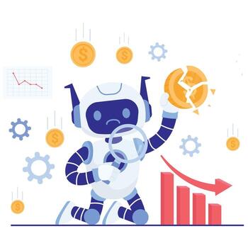 preocupado robot inspecciona un roto moneda con un lupa junto a un que cae grafico, ilustrando mercado recesión, riesgo revisar, y fracaso detección. vector