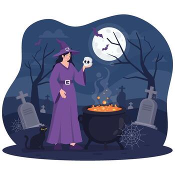 A witch in purple brews a bubbling potion in a cauldron at a moonlit graveyard with bats, skull, cobwebs, and a black cat. vector