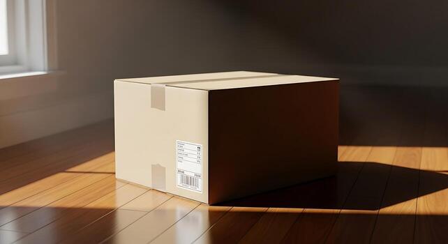 A cardboard box sitting on a wooden floor in front of a window photo
