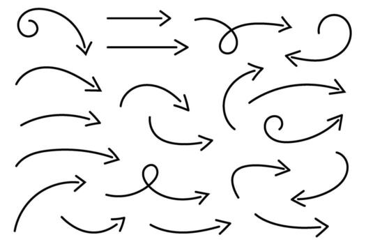 Hand drawn curved arrows . Sketch doodle style. Collection of curved pointers. vector