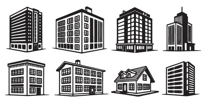 Dynamic cityscape concept featuring various building styles in bold linework, ideal for urban planning visuals and architectural designs, city development vector