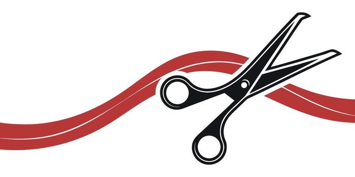 Dynamic scissors cutting through a vibrant red ribbon, symbolizing a grand opening, new beginning, or project launch with energy and excitement vector