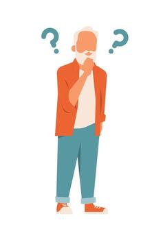 mayor mayor hombre pensando con pregunta marcas demostración Confusión con pensativo actitud ilustración vector