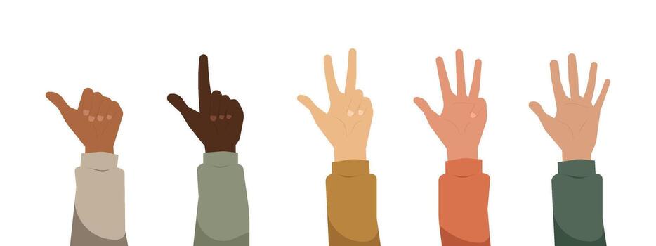 Diverse multiethnic hands with raised gesture showing fingers counting from one to five illustration vector