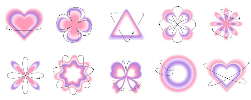 Y2k gradient aura shapes set. Blurred pink and purple aesthetic elements collection of different geometric forms. vector