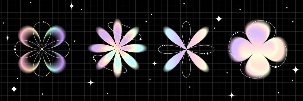 Y2k gradient aura flower shapes set. Blurred holographic aesthetic elements collection of different geometric forms on checkered background vector