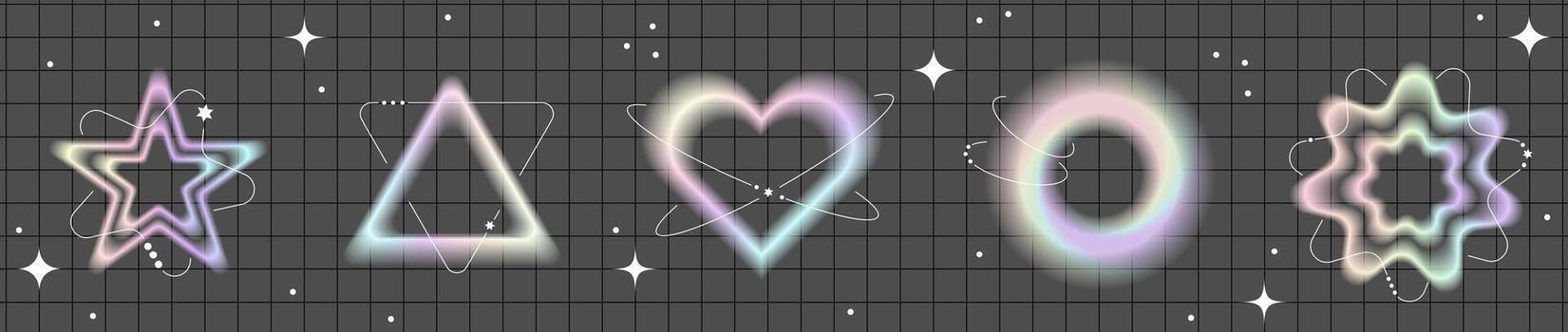 Y2k gradient aura shapes set. Blurred holographic aesthetic elements collection of different geometric forms on checkered background. Elements with defocus effect vector