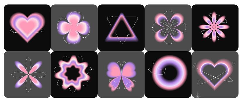 Y2k gradient aura shapes set. Blurred holographic aesthetic elements collection of different geometric forms on checkered background. vector