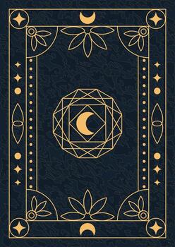 Tarot card back design with moon and celestial symbols in gold on a dark blue background. Mystical esoteric ornamental border frame template vector