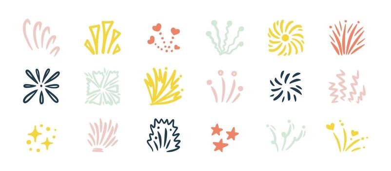 Fireworks, sparkles, doodle bursts. Festive hand drawn set of colorful star icons, explosion elements, and celebration shapes. Unique pastel design with fireworks, spark lines, glowing stars vector