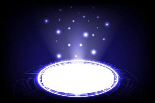 Abstract sci-fi background featuring a glowing circular portal with bright light and floating particles vector