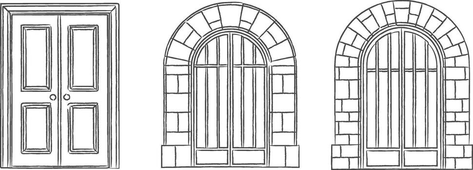Architectural window trio with rectangular arched and round styles vector