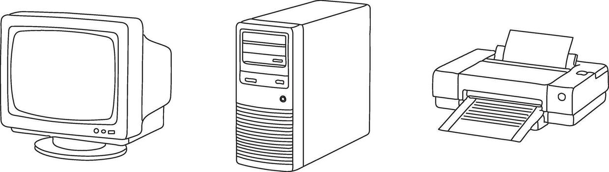 Retro computer set with monitor tower and printer vector