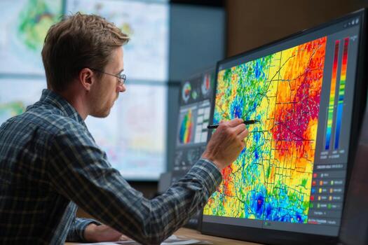 A meteorologist studies a colorful weather map on a large screen in a research facility. He uses a digital pen to highlight areas of interest while surrounded by other maps and data displays photo