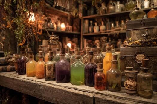 A variety of glass potion bottles in different colors are arranged on rustic wooden shelves. Soft candlelight enhances the enchanting atmosphere in this magical apothecary photo