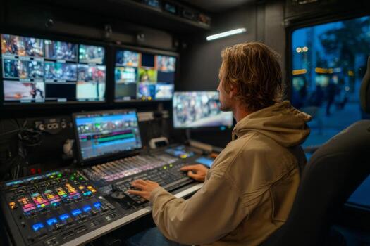 A production technician operates a broadcast control panel surrounded by screens showing various live event feeds in a control room at dusk. The atmosphere conveys focus and professionalism photo