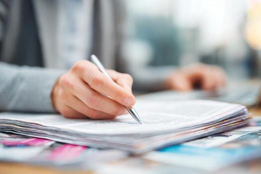 A person is engaged in writing notes from a document while seated at a desk surrounded by various papers and an electronic device during daylight hours photo