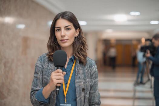 A reporter stands confidently in a hallway, holding a microphone and preparing for interviews while cameras and colleagues are visible in the background, showcasing a busy press environment photo