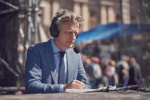 A journalist wearing a suit and headset is focused on writing notes while broadcasting live at a crowded outdoor event. The atmosphere is lively with people around photo
