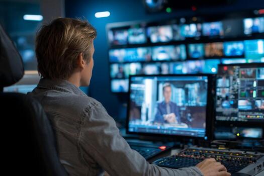 A broadcast technician is focused on a computer screen displaying a live news anchor. Surrounding monitors show various feeds photo