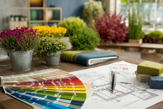 un espacio de trabajo caracteristicas vistoso pintar muestras junto a planos, rodeado por varios en conserva plantas, exhibiendo un mezcla de diseño ideas y verdor foto