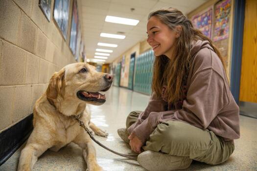 un niña se sienta en el piso de un colegio pasillo, atractivo con un simpático dorado perdiguero. su alegre Interacción ilumina el atmósfera como estudiantes pasar por foto