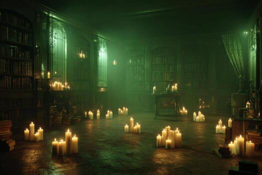 Inside an old library, numerous candles illuminate the room with a green glow. Books line the walls, creating a mystical and serene ambiance perfect for quiet reflection photo