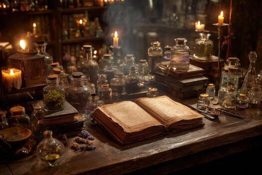 Central to the setting is an ancient book open on a rustic wooden table, surrounded by various glass bottles and flickering candles, creating an enchanting atmosphere in an alchemists workshop photo