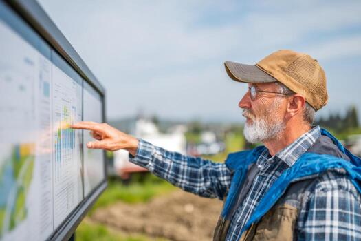 A farmer analyzes agricultural charts and graphs on an outdoor display board in a rural setting under clear skies. He is focused and intent on understanding vital information photo
