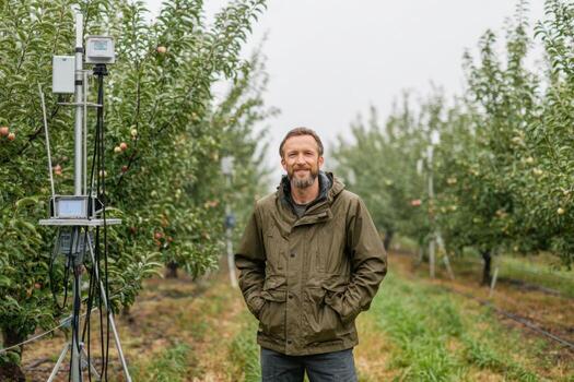 A man is standing confidently among apple trees in an orchard. Weather monitoring devices are set up nearby, capturing data in the cool autumn weather photo