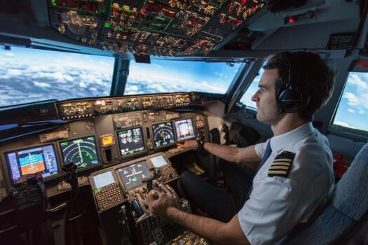 A pilot focuses intently on the cockpit controls, navigating the aircraft through turbulent clouds. High-tech screens display flight data as the plane soars above the ocean photo