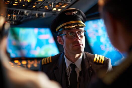 Two pilots engage in a discussion in the cockpit, surrounded by flight instruments and screens. The atmosphere is focused as they prepare for the journey ahead photo